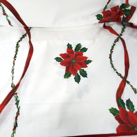 Christmas Holiday Tablecloth With Poinsettia Design 102" X 60" White and Red - Picture 3 of 8
